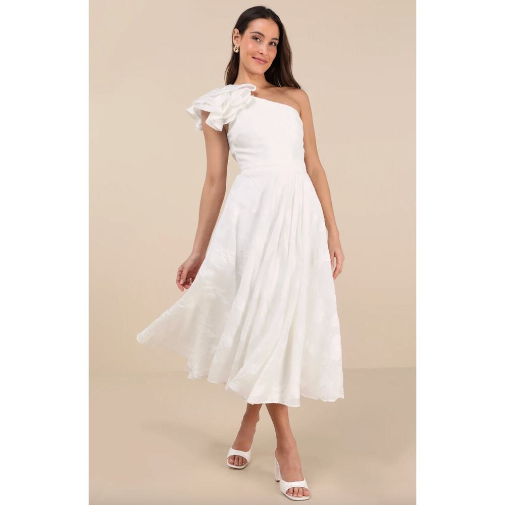 Lulus Sweet Definition White Burnout Ruffled One-Shoulder Midi Dress Large NWT - Picture 1 of 14